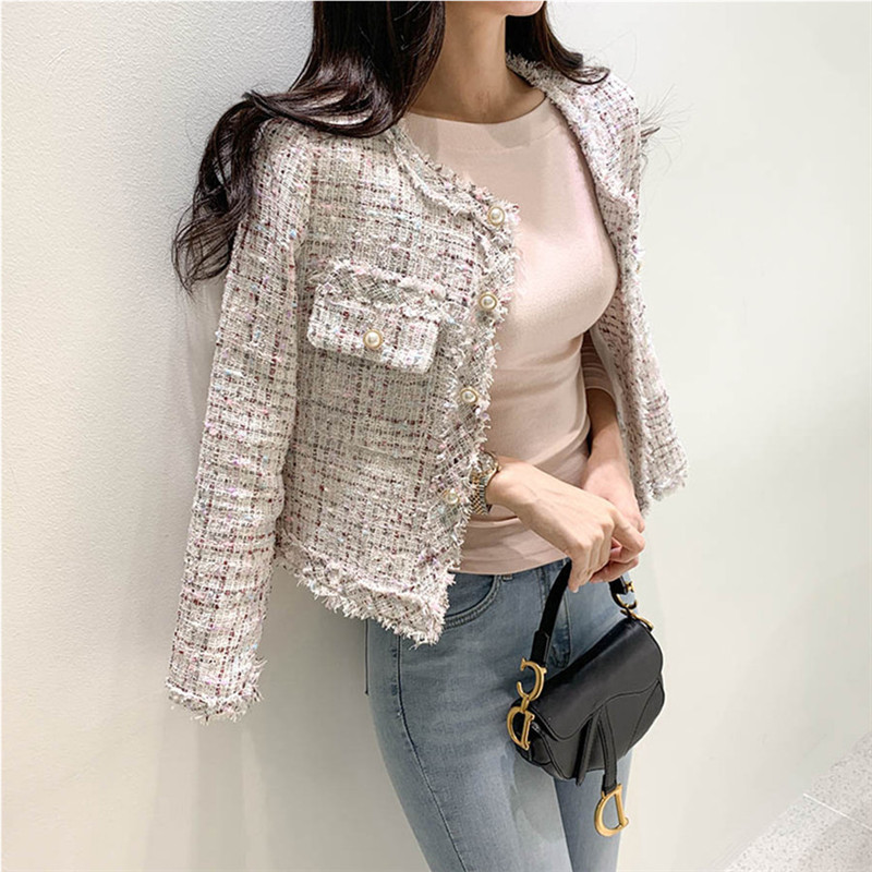 Coreeană Nouă Primăvară Toamnă Îmbrăcăminte pentru Femei Moda Tweed În carouri cu mânecă lungă Paltoane și jachete largi Cardigan versatil pentru damă