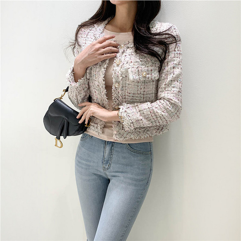 Coreeană Nouă Primăvară Toamnă Îmbrăcăminte pentru Femei Moda Tweed În carouri cu mânecă lungă Paltoane și jachete largi Cardigan versatil pentru damă