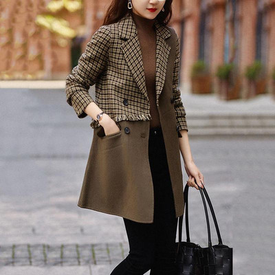 Zimski kaput Kardigan s dvorednim kopčanjem Termalni rever protiv bora Ženski svestrani smeđi karirani vuneni kaput s resicama Y2k