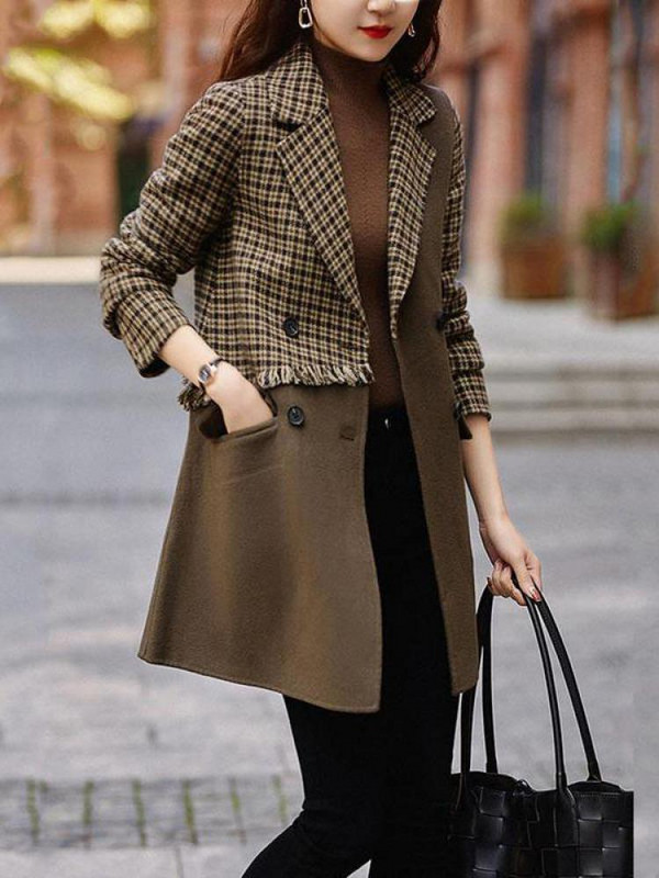 Zimski kaput Kardigan s dvorednim kopčanjem Termalni rever protiv bora Ženski svestrani smeđi karirani vuneni kaput s resicama Y2k