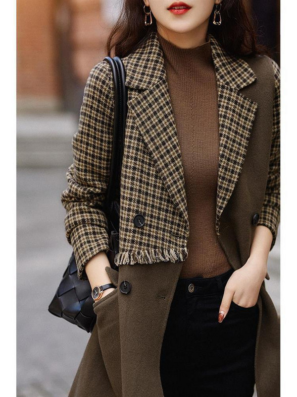 Zimski kaput Kardigan s dvorednim kopčanjem Termalni rever protiv bora Ženski svestrani smeđi karirani vuneni kaput s resicama Y2k