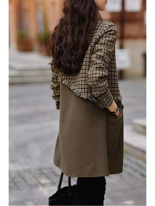 Zimski kaput Kardigan s dvorednim kopčanjem Termalni rever protiv bora Ženski svestrani smeđi karirani vuneni kaput s resicama Y2k