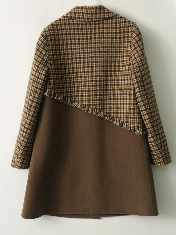 Zimski kaput Kardigan s dvorednim kopčanjem Termalni rever protiv bora Ženski svestrani smeđi karirani vuneni kaput s resicama Y2k