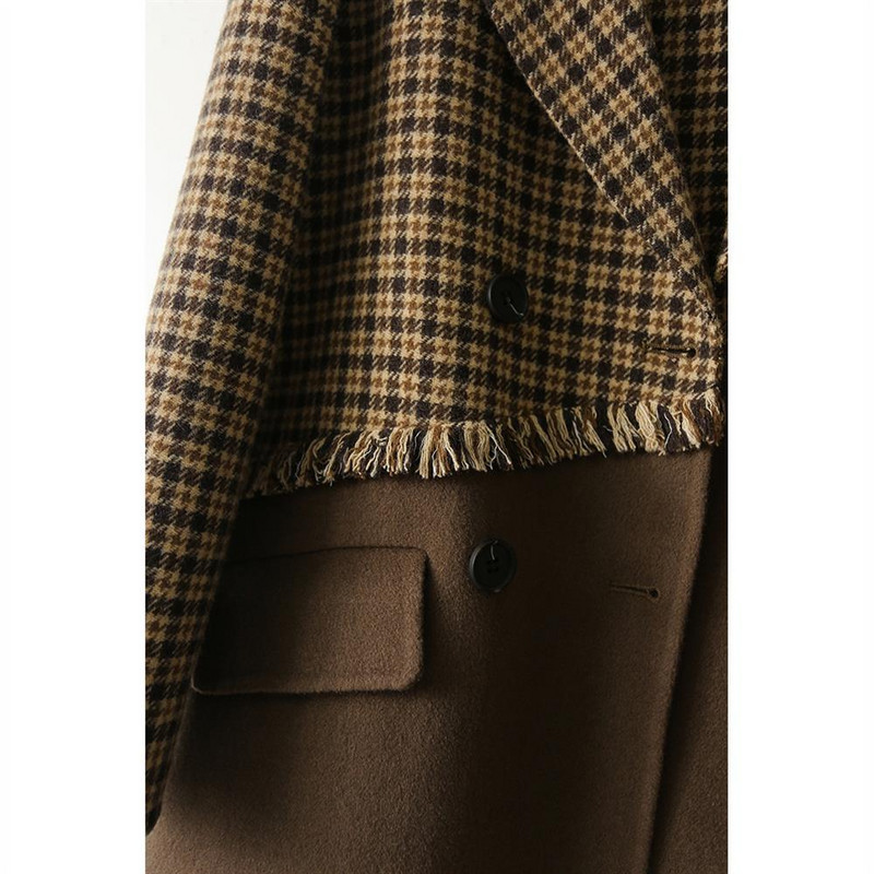 Zimski kaput Kardigan s dvorednim kopčanjem Termalni rever protiv bora Ženski svestrani smeđi karirani vuneni kaput s resicama Y2k