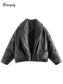 Traf Jachetă puf din piele PU Jachetă bomber umflată pentru femei Jachetă groasă și caldă de iarnă Parka pentru femei Blana din bumbac căptușită Punk