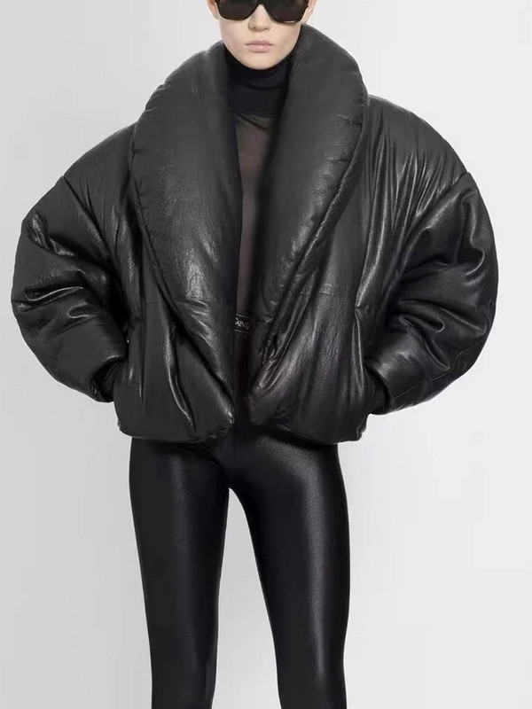 Traf Jachetă puf din piele PU Jachetă bomber umflată pentru femei Jachetă groasă și caldă de iarnă Parka pentru femei Blana din bumbac căptușită Punk