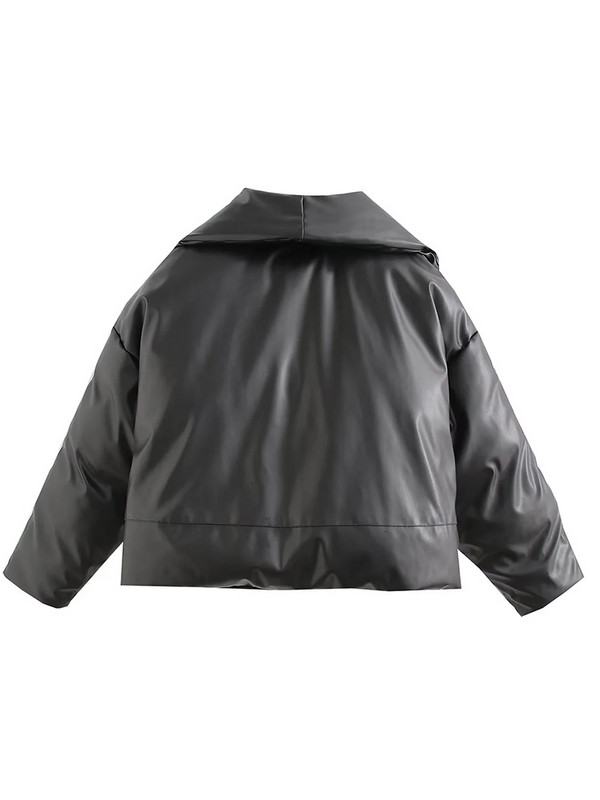 Traf Jachetă puf din piele PU Jachetă bomber umflată pentru femei Jachetă groasă și caldă de iarnă Parka pentru femei Blana din bumbac căptușită Punk