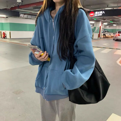 Ženske jednobojne majice s kapuljačom s patentnim zatvaračem Harajuku Y2k Duksevi s kapuljačom s uzicom i dugim rukavima Korejska ležerna jakna s džepovima Ulična odjeća