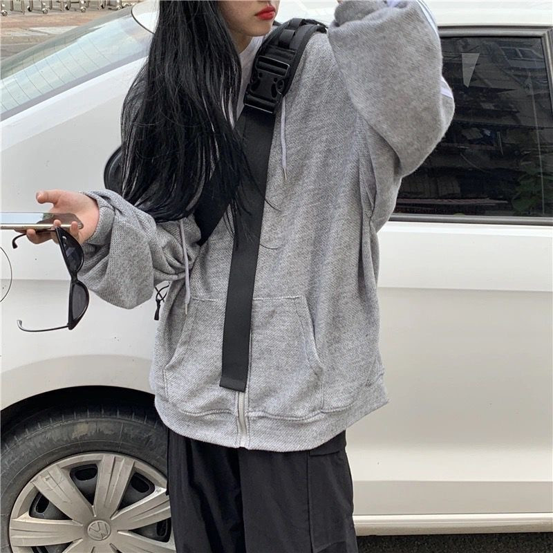 Ženske jednobojne majice s kapuljačom s patentnim zatvaračem Harajuku Y2k Duksevi s kapuljačom s uzicom i dugim rukavima Korejska ležerna jakna s džepovima Ulična odjeća