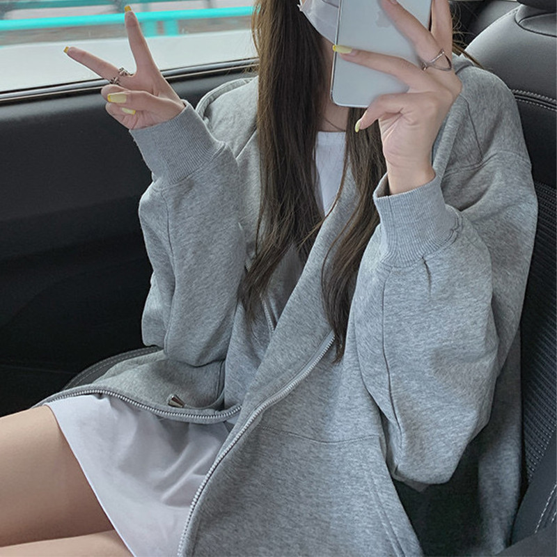 Ženske jednobojne majice s kapuljačom s patentnim zatvaračem Harajuku Y2k Duksevi s kapuljačom s uzicom i dugim rukavima Korejska ležerna jakna s džepovima Ulična odjeća