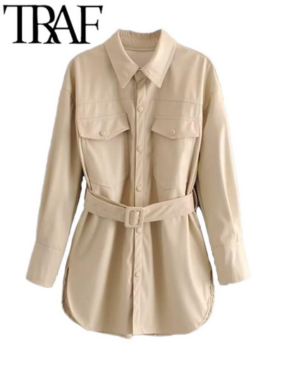 TRAF 2022, toamnă, modă pentru femei, jachetă din piele artificială PU, iarnă, epocă, cu clape de curea, paltoane largi PU, haine elegante, elegante