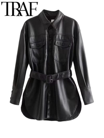 TRAF 2022, toamnă, modă pentru femei, jachetă din piele artificială PU, iarnă, epocă, cu clape de curea, paltoane largi PU, haine elegante, elegante