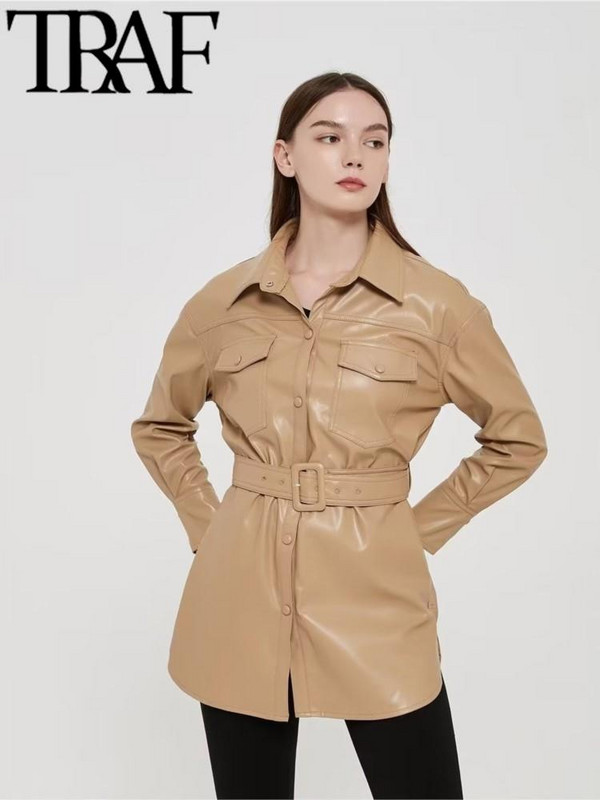 TRAF 2022 Jesen Ženska modna PU jakna od umjetne kože Zimska starinska s remenom Labavi PU kaputi Femme Chic Elegantna gornja odjeća