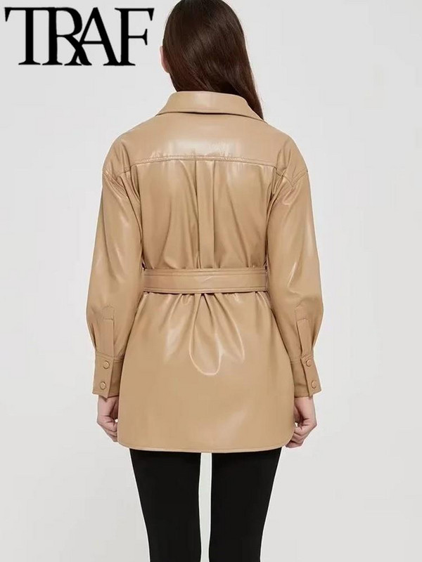 TRAF 2022 Jesen Ženska modna PU jakna od umjetne kože Zimska starinska s remenom Labavi PU kaputi Femme Chic Elegantna gornja odjeća