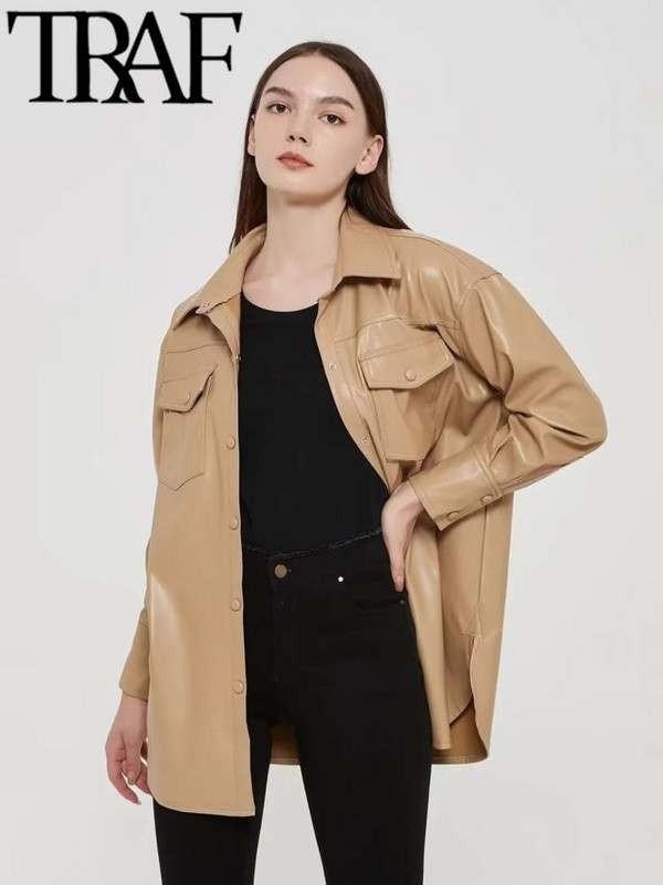 TRAF 2022 Jesen Ženska modna PU jakna od umjetne kože Zimska starinska s remenom Labavi PU kaputi Femme Chic Elegantna gornja odjeća
