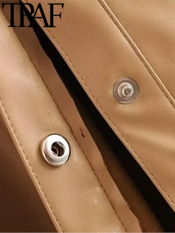 TRAF 2022 Jesen Ženska modna PU jakna od umjetne kože Zimska starinska s remenom Labavi PU kaputi Femme Chic Elegantna gornja odjeća