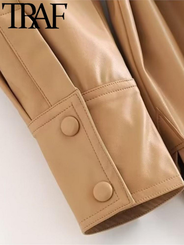 TRAF 2022 Jesen Ženska modna PU jakna od umjetne kože Zimska starinska s remenom Labavi PU kaputi Femme Chic Elegantna gornja odjeća