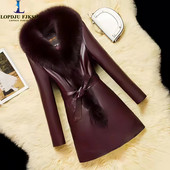 Palton din piele pentru femei, jachetă coreeană mare cu guler de blană, haine groase și calde pentru femei, talie reglabilă, de înaltă calitate, toamnă iarnă