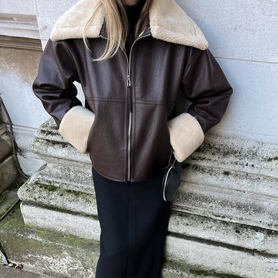 Jakna s integriranom kožom od umjetnog krzna Ženski kaput s debljim krznenim ovratnikom Zimske široke jakne dugih rukava Jesenski kaput s patentnim zatvaračem