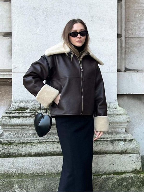 Jakna s integriranom kožom od umjetnog krzna Ženski kaput s debljim krznenim ovratnikom Zimske široke jakne dugih rukava Jesenski kaput s patentnim zatvaračem