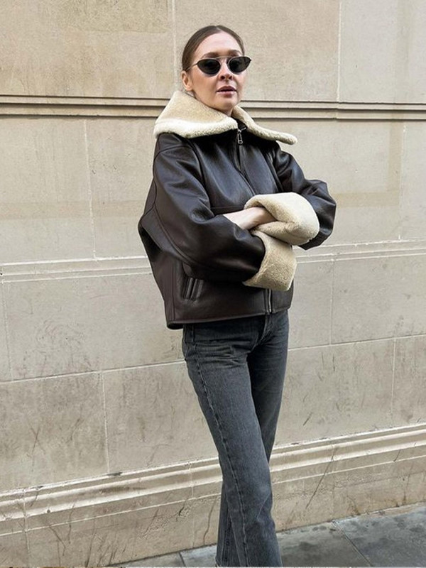 Jakna s integriranom kožom od umjetnog krzna Ženski kaput s debljim krznenim ovratnikom Zimske široke jakne dugih rukava Jesenski kaput s patentnim zatvaračem