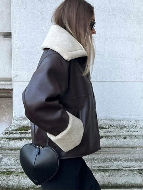 Jakna s integriranom kožom od umjetnog krzna Ženski kaput s debljim krznenim ovratnikom Zimske široke jakne dugih rukava Jesenski kaput s patentnim zatvaračem