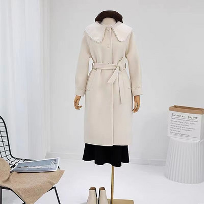 Korejski šik, jesen i zima, manjinski, temperamentno obrubljen biserom, ležeran dugi vuneni kaput Ženski ženski kaput Vintage Kawaii