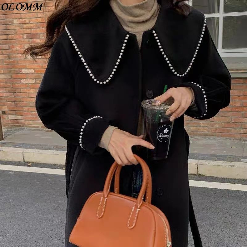 Korejski šik, jesen i zima, manjinski, temperamentno obrubljen biserom, ležeran dugi vuneni kaput Ženski ženski kaput Vintage Kawaii