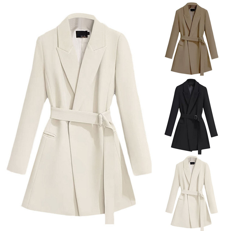 Eleganta Slim Fit Anoraks vējjaka Vintage elastīga josta ar augstu vidukli uzvalks jakas Sieviešu garām piedurknēm uzvalks apģērbi bleizeri