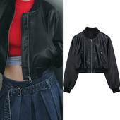 Jachetă bomber din imitație de piele pentru damă, toamnă/iarnă 2023, decorare cu fermoar, jachetă de damă în stil stradal simplu