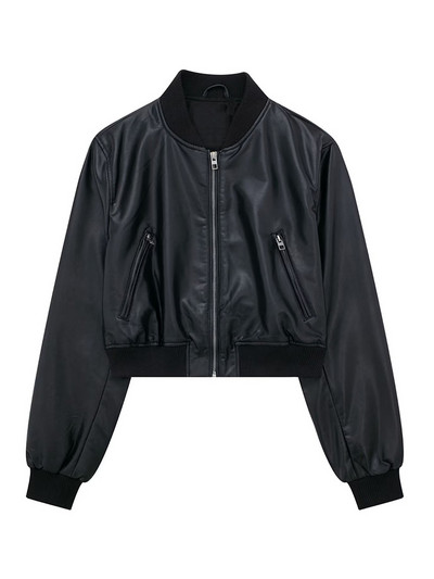 Jachetă bomber din imitație de piele pentru damă, toamnă/iarnă 2023, decorare cu fermoar, jachetă de damă în stil stradal simplu