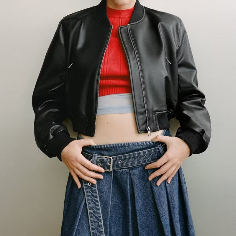 Jachetă bomber din imitație de piele pentru damă, toamnă/iarnă 2023, decorare cu fermoar, jachetă de damă în stil stradal simplu
