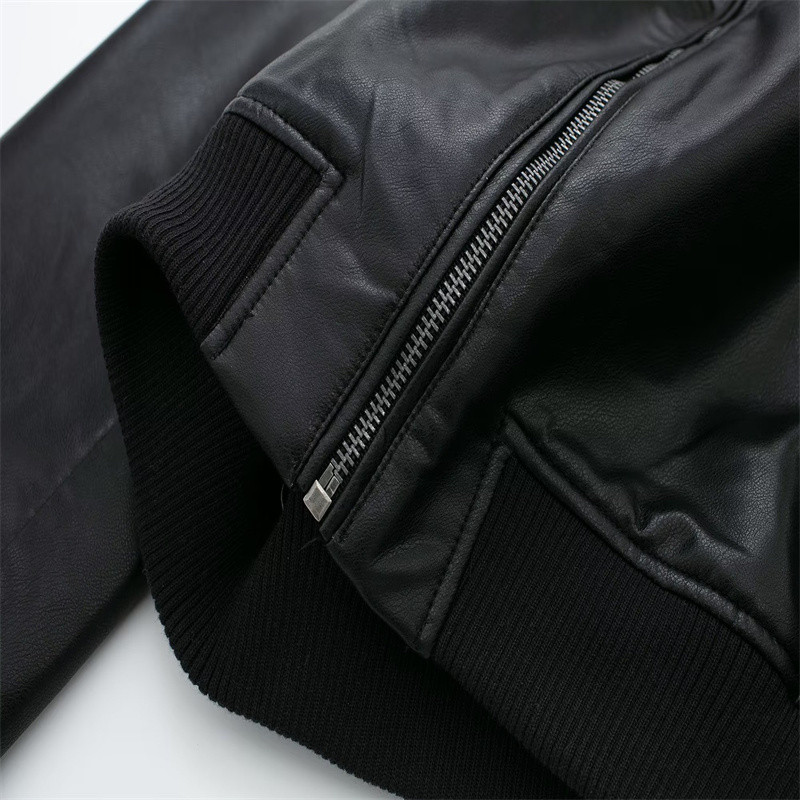 Jachetă bomber din imitație de piele pentru damă, toamnă/iarnă 2023, decorare cu fermoar, jachetă de damă în stil stradal simplu