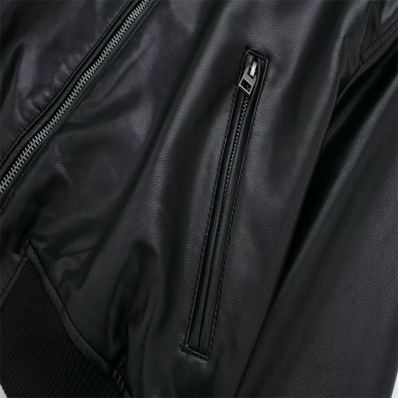 Jachetă bomber din imitație de piele pentru damă, toamnă/iarnă 2023, decorare cu fermoar, jachetă de damă în stil stradal simplu