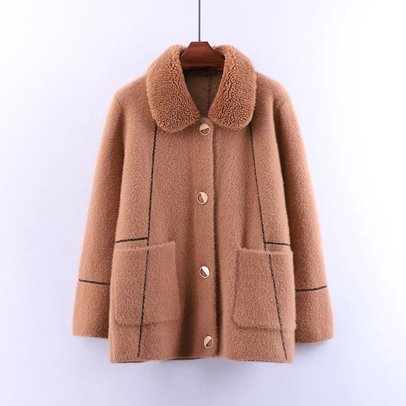 Jachetă din catifea din nurcă, toamnă iarnă, pentru femei, 2023, la modă nouă, haină din pânză de lână pe două fețe, îmbrăcăminte exterioară cu buzunar cu nasturi 3XL