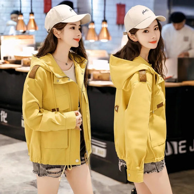 Jachetă pentru femei de mărime mare 2023, noua toamnă, cu mânecă lungă, cu glugă, jachete scurte largi, haine de bază, haine de îmbrăcăminte