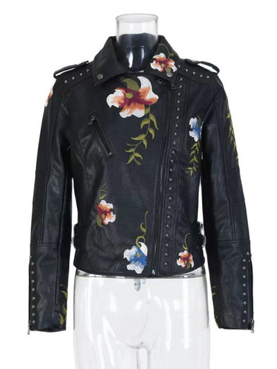 2023 Moda Femei Vintage Broderie Florală Nit Jachete din Faux Piele Damă PU Motor Negru Voilet Bej Punk Streetwear Paltoane