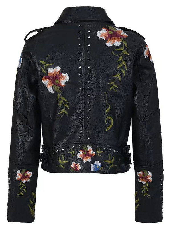 2023 Moda Femei Vintage Broderie Florală Nit Jachete din Faux Piele Damă PU Motor Negru Voilet Bej Punk Streetwear Paltoane