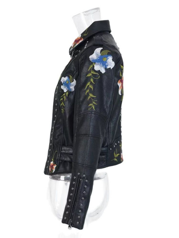2023 Moda Femei Vintage Broderie Florală Nit Jachete din Faux Piele Damă PU Motor Negru Voilet Bej Punk Streetwear Paltoane