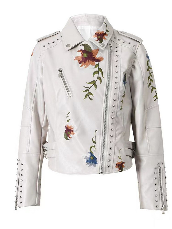 2023 Moda Femei Vintage Broderie Florală Nit Jachete din Faux Piele Damă PU Motor Negru Voilet Bej Punk Streetwear Paltoane