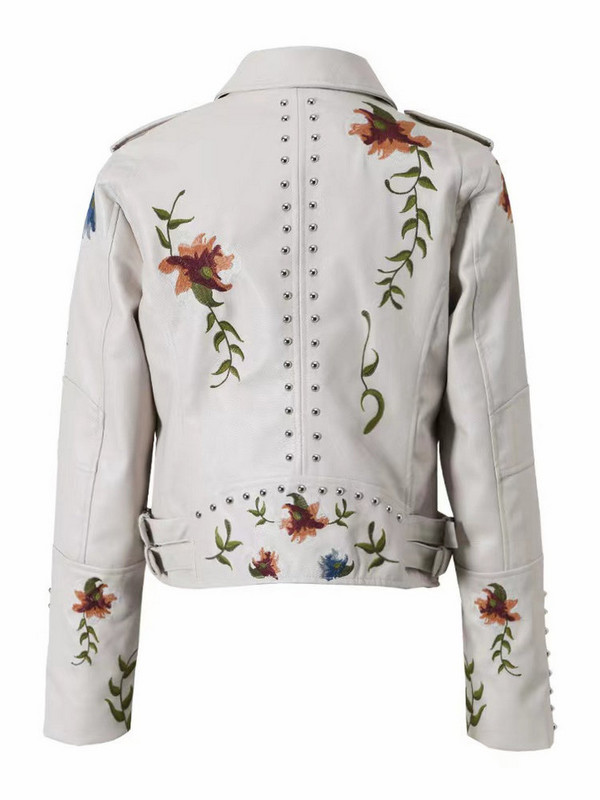 2023 Moda Femei Vintage Broderie Florală Nit Jachete din Faux Piele Damă PU Motor Negru Voilet Bej Punk Streetwear Paltoane