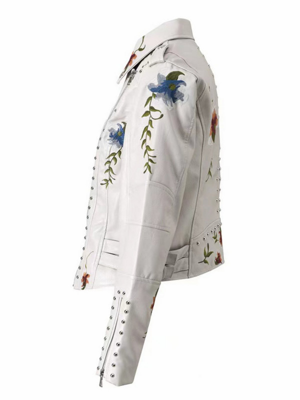 2023 Moda Femei Vintage Broderie Florală Nit Jachete din Faux Piele Damă PU Motor Negru Voilet Bej Punk Streetwear Paltoane