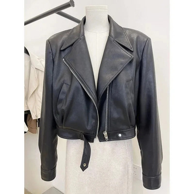 JAUNA pavasara rudens PU ādas jaka sieviešu atloks apkakle rāvējslēdzējs vienkrāsains īss motocikla apģērbs brūns sieviešu mīksts ādas mētelis