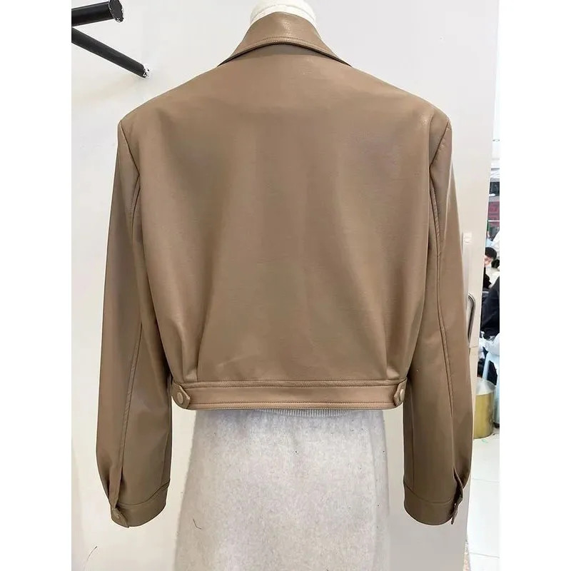 JAUNA pavasara rudens PU ādas jaka sieviešu atloks apkakle rāvējslēdzējs vienkrāsains īss motocikla apģērbs brūns sieviešu mīksts ādas mētelis