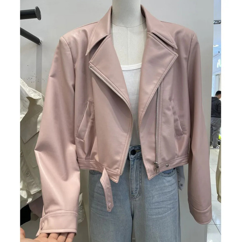 JAUNA pavasara rudens PU ādas jaka sieviešu atloks apkakle rāvējslēdzējs vienkrāsains īss motocikla apģērbs brūns sieviešu mīksts ādas mētelis