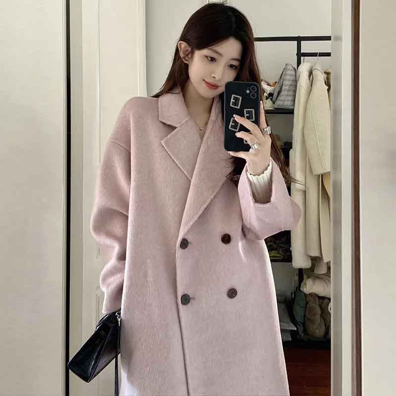 Jesen Topli dugi kaputi od umjetne vune Ženska korejska jednobojna vunena jakna s dvostrukim kopčanjem Široka, elegantna, mješavina vanjske odjeće Novo