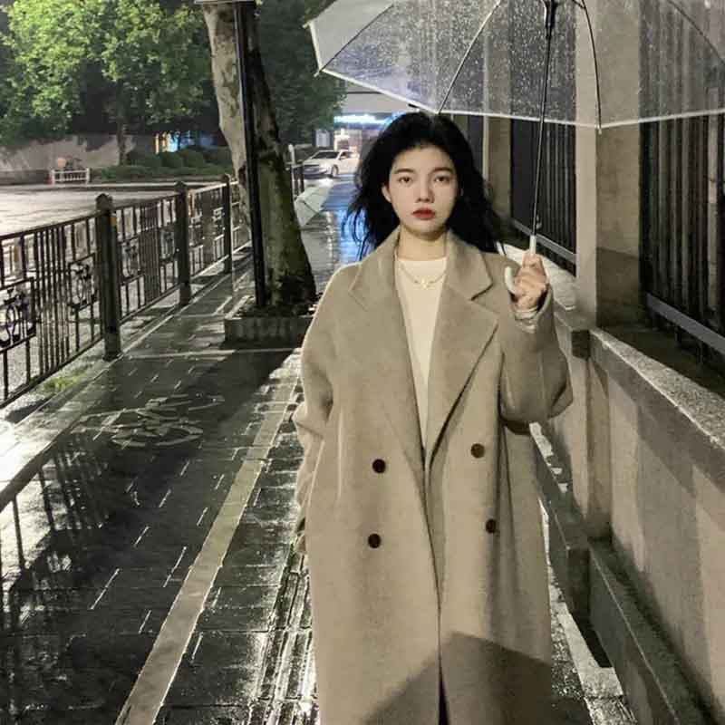 Jesen Topli dugi kaputi od umjetne vune Ženska korejska jednobojna vunena jakna s dvostrukim kopčanjem Široka, elegantna, mješavina vanjske odjeće Novo