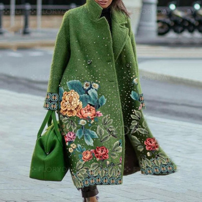 Jachetă de toamnă pentru femei cu mâneci lungi imprimată cu revere, iarna nouă, îmbrăcăminte ocazională pentru femei, jachetă de trenci de lână la moda pentru femei