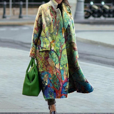 Jachetă de toamnă pentru femei cu mâneci lungi imprimată cu revere, iarna nouă, îmbrăcăminte ocazională pentru femei, jachetă de trenci de lână la moda pentru femei