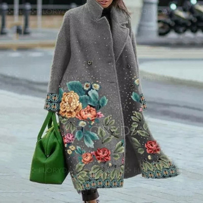 Jachetă de toamnă pentru femei cu mâneci lungi imprimată cu revere, iarna nouă, îmbrăcăminte ocazională pentru femei, jachetă de trenci de lână la moda pentru femei